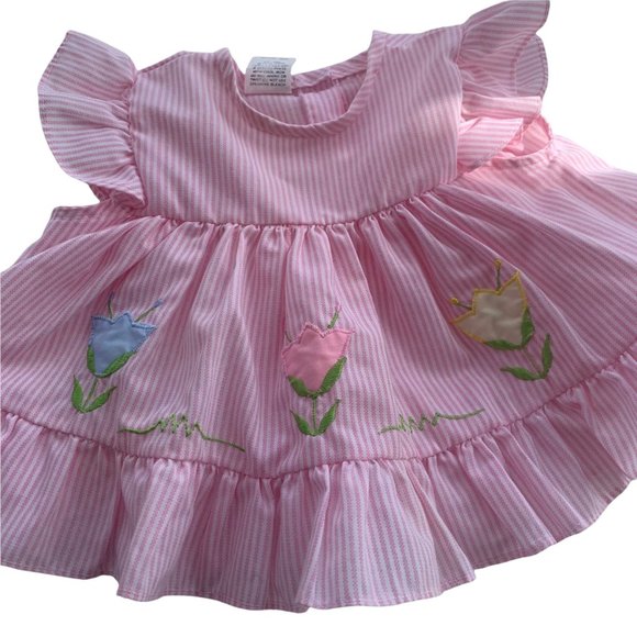 Vintage Pastel Striped Ruffle Sleeve Tulip Embroidered Babydoll Top - Picture 2 of 4